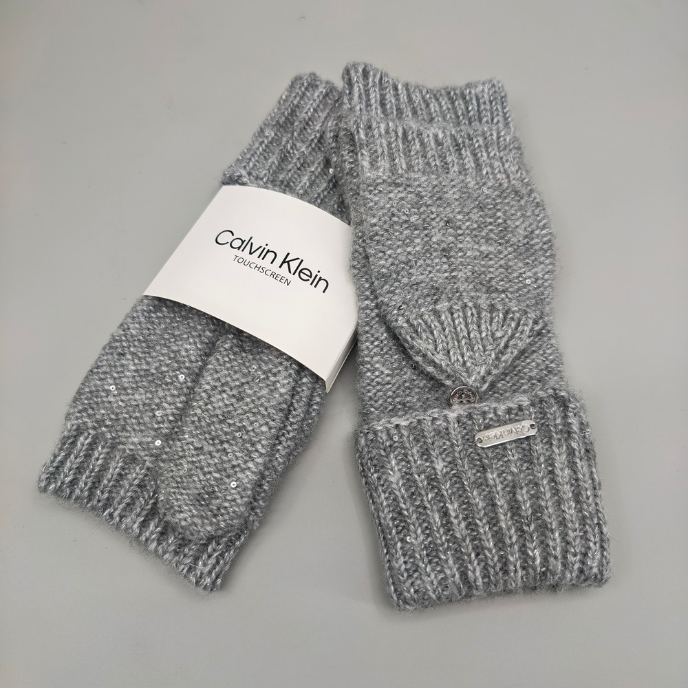 Calvin Klein Women Sequin Pop Top Mittens Gray Touchscreen Convertible Gloves